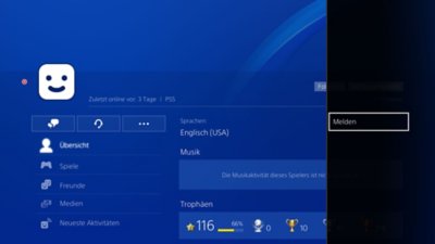 Benutzeroberfläche der PS4 mit Informationen zum Melden eines Profils.