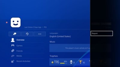 A PS4 felhasználói felületén látható egy profil jelentése.