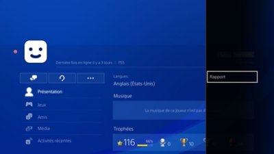 Interface utilisateur PS4 indiquant comment signaler un profil.