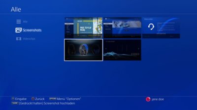 Screenshot der Aufnahmegalerie, der die gespeicherten Screenshots auf PS4-Konsolen zeigt