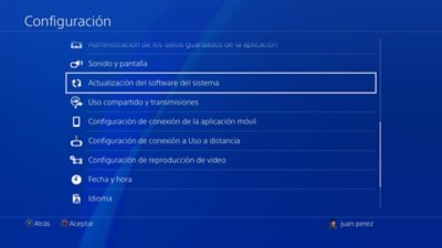 Pantalla Configuración de PS4 con Actualización del software del sistema resaltada.