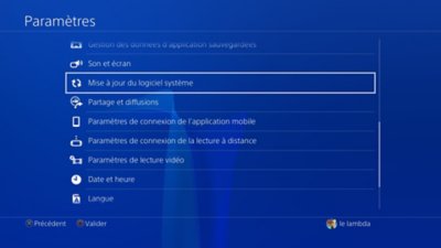 Écran Paramètres de la PS4 avec la mise à jour du logiciel système en surbrillance.