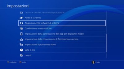 Schermata Impostazioni di PS4 con Aggiornamento software di sistema evidenziato.