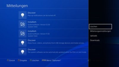 PS4-Mitteilungsbildschirm mit einer hervorgehobenen Systemsoftwareversion auf der linken Seite und dem Menü "Optionen" mit hervorgehobenem Löschen auf der rechten Seite.
