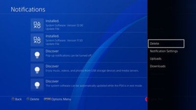 PS4 Értesítések képernyő, amelyen a bal oldalon a Rendszerszoftver-verzió elem, a jobb oldalon pedig a Beállítások menü Törlés eleme van kiválasztva.