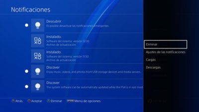 Pantalla de notificaciones de PS4 con una versión del software del sistema resaltada en el lado izquierdo y el menú de opciones con la opción Eliminar resaltada en el lado derecho.