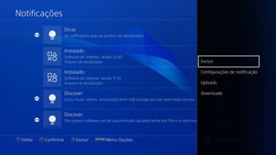 Tela de Notificações do PS4 com uma versão do software do sistema realçada à esquerda e o menu Opções com Excluir realçado à direita.