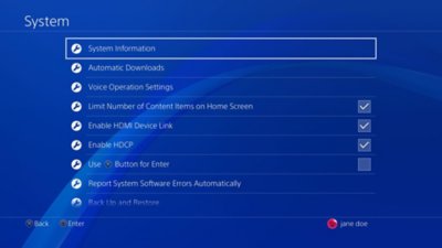 Écran du système de la PS4 avec l’option Informations système en surbrillance.