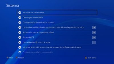 Pantalla del sistema PS4 con la opción “Información del sistema” destacada.