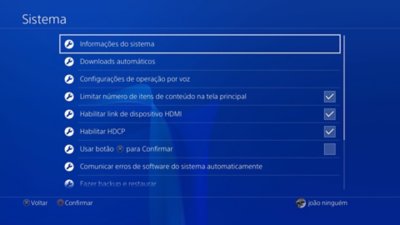 Tela do sistema do PS4 com a opção Informações do sistema destacada.