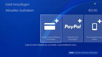 PS4-Bildschirm "Guthaben hinzufügen", bei dem oben rechts das aktuelle Guthaben angezeigt wird.