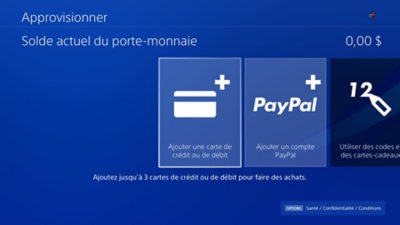 Écran Approvisionner sur PS4, faisant apparaître le solde actuel du porte-monnaie dans le coin supérieur droit.