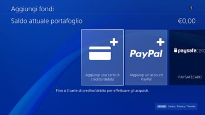 Schermata Aggiungi fondi di PS4, con Saldo attuale portafoglio in alto a destra.