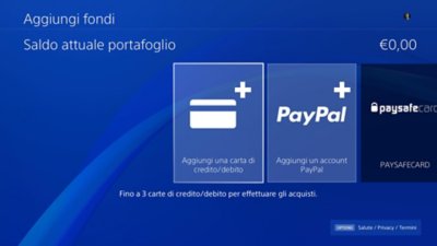 Schermata Aggiungi fondi di PS4, con Saldo attuale portafoglio in alto a destra.