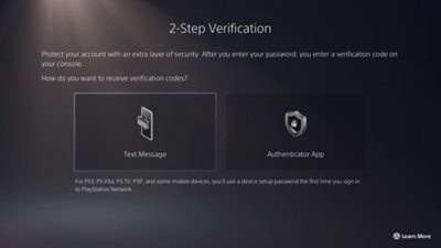 Skærmbillede af valgmuligheder for totrinsbekræftelse på PS5-konsoller, sms og godkenderapp