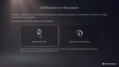 Captura de pantalla de la consola PS5 con las opciones del método de verificación 2SV: SMS y aplicación de autenticación