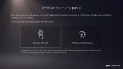 Captura de pantalla de los métodos de verificación en dos pasos de la consola PS5: SMS y aplicación autenticadora