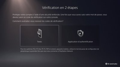 Capture d'écran sur console PS5 des différentes méthodes de vérification en 2 étapes : SMS et application d'authentification