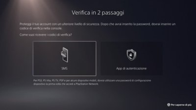 Istantanea della schermata della console PS5 che mostra le opzioni del metodo di verifica in 2 passaggi, SMS e app di autenticazione