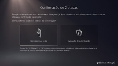 Captura de ecrã da consola PS5 com as opções do método de confirmação da C2E, SMS e aplicação de autenticação