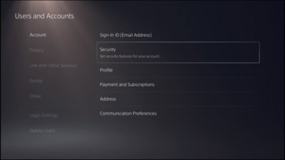 PS5 user interface showing location of Security features.