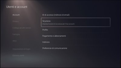 Interfaccia utente di PS5 che mostra la posizione delle funzionalità di sicurezza.