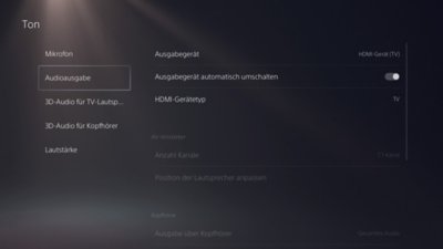 PS5-Bildschirm "Sound" mit markierter Option "Audio" im linken Menü.