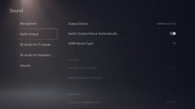 Geluidsscherm op PS5 met Audio gemarkeerd in het linkermenu.