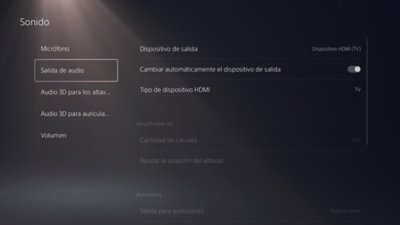 Pantalla Sonido de PS5 con Audio destacado en el menú de la izquierda.