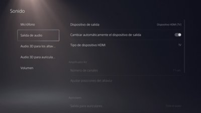 Pantalla de sonido de la PS5 con Audio resaltado en el menú de la izquierda.