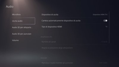 Schermata dell'Audio di PS5 con Audio evidenziato nel menu a sinistra.