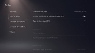 Tela de áudio do PS5 com Áudio destacado no menu à esquerda.