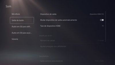 Ecrã Som da PS5 com a secção Áudio realçada no menu do lado esquerdo.