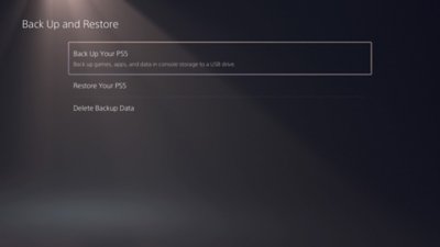 PS5 Back Up and Restore screen, with the Back Up Your PS5 option highlighted.
