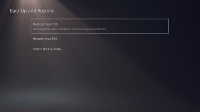 Écran Sauvegarder et restaurer la PS5, avec l’option Sauvegarder votre PS5 en surbrillance.