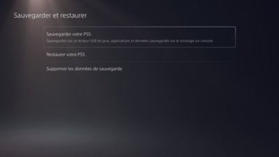 Écran Sauvegarder et restaurer sur PS5, affichant l'option Sauvegarder votre PS5 en surbrillance.