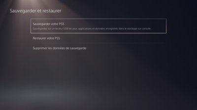 Écran Sauvegarder et restaurer sur PS5, affichant l'option Sauvegarder votre PS5 en surbrillance.