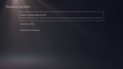 Schermata Backup e ripristino di PS5 con l'opzione Esegui il backup della tua PS5 evidenziata.