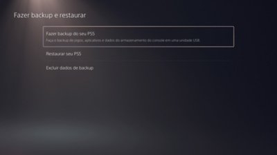 Tela Fazer backup e restaurar do PS5, com a opção Fazer backup do seu PS5 destacada.