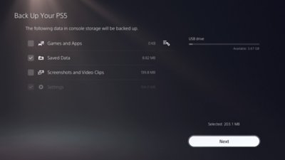 PS5 Skjerm for å sikkerhetskopiere PS5-en din med et element indikert som valgt med en hake på venstre side av skjermen, og Neste-knappen nederst til høyre på skjermen.