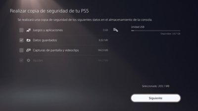 Pantalla Crear copia de seguridad de PS5 con un elemento indicado como seleccionado mediante una marca de verificación en el lado izquierdo de la pantalla y el botón Siguiente disponible en la esquina inferior derecha de la pantalla.