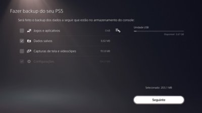 Tela Fazer backup do seu PS5, com um item indicado como selecionado por uma marca de seleção em uma caixa no lado esquerdo da tela e o botão Seguinte disponível no canto inferior direito da tela.
