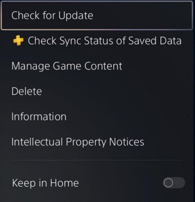PS5 menu shown when selecting a game thumbnail and pressing the Options button on your controller. The [Check for Update] menu option is highlighted.