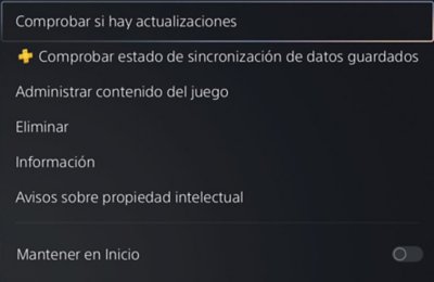 Menú de PS5 que se muestra al seleccionar la miniatura de un juego y presionar el botón de opciones en el control. La opción de menú [Comprobar si hay actualizaciones] está resaltada.