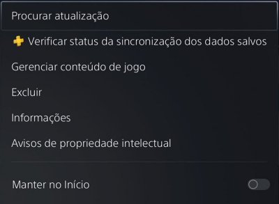 Menu do PS5 exibido ao selecionar a miniatura de um jogo e pressionar o botão de opções no controle. A opção [Procurar atualização] do menu ficará destacada.