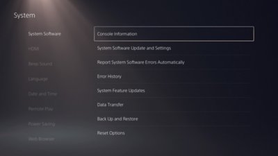 Écran du système de la PS5 avec Logiciel système sélectionné dans le côté gauche et Informations de la console en surbrillance dans le côté droit.