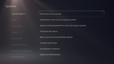 Pantalla del sistema de PS5 con “Software del sistema” seleccionado en el lado izquierdo y la opción “Información de la consola” resaltada en el lado derecho.