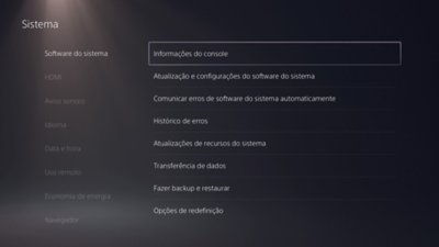 Tela do sistema do PS5 com a opção Software do sistema selecionada à esquerda e a opção Informações do console destacada à direita.