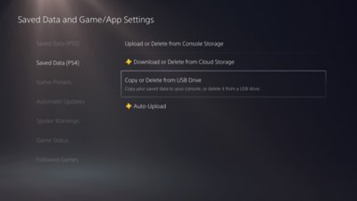 PS5 Saved Data and Game/App Settings screen, with Saved Data (PS4) selected on the left side of the screen, and Copy or Delete from USB Drive highlighted on the right side of the screen.