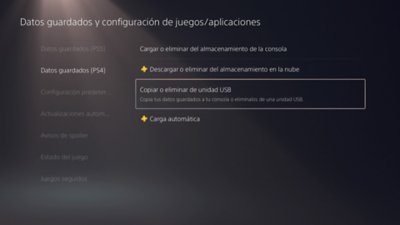 Pantalla Datos guardados y configuración de juegos/aplicaciones de PS5 con la opción “Datos guardados (PS4)” seleccionada en el lado izquierdo de la pantalla y la opción “Copiar o eliminar de la unidad USB” resaltada en el lado derecho de la pantalla.